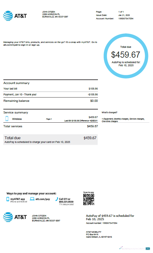 download download USA AT&T utility bill template in Word and PDF formats, version 3 PDF template PDF template